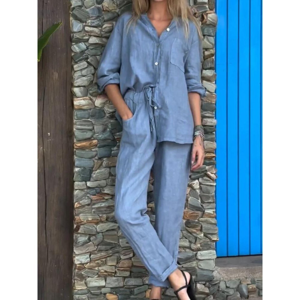 (light blue, L) Women's Two-piece Sets Spring Autumn Fashion V Neck Top Elastic Waist Loose Wide Leg Pants Set