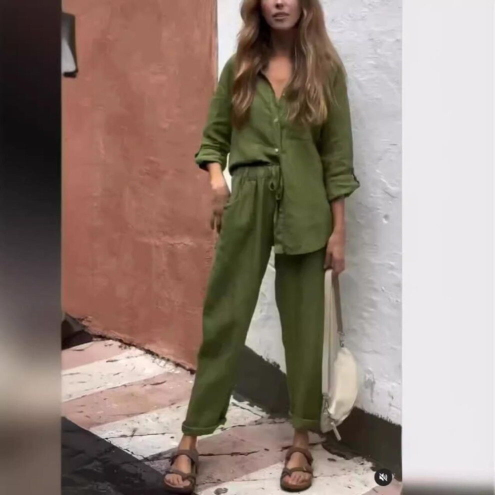 (army green, 3XL) Women's Two-piece Sets Spring Autumn Fashion V Neck Top Elastic Waist Loose Wide Leg Pants Set
