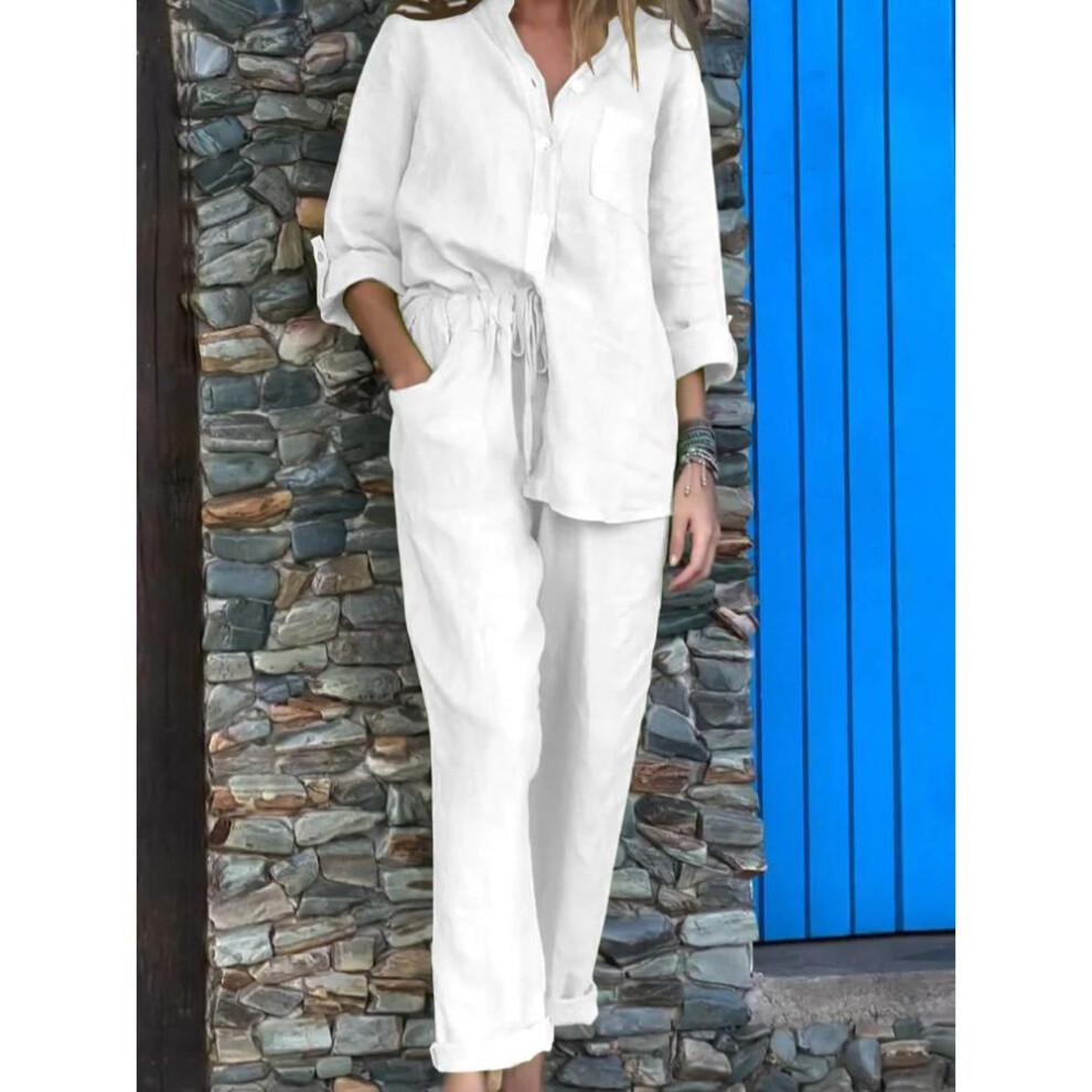 (white, XL) Women's Two-piece Sets Spring Autumn Fashion V Neck Top Elastic Waist Loose Wide Leg Pants Set