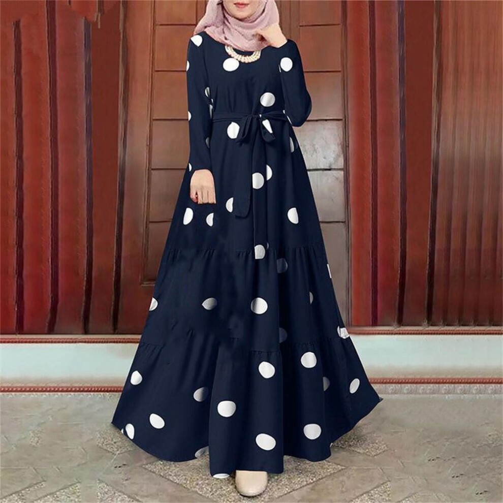 (S, navy) Women's Fashion Dress Muslim Polka Dot Elegant Waistband Long Dress