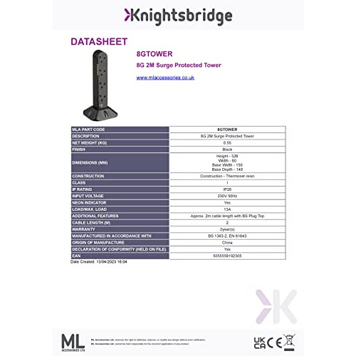 ML 8 Gang 2 m Surge Protected Tower Extension Lead,Black 1