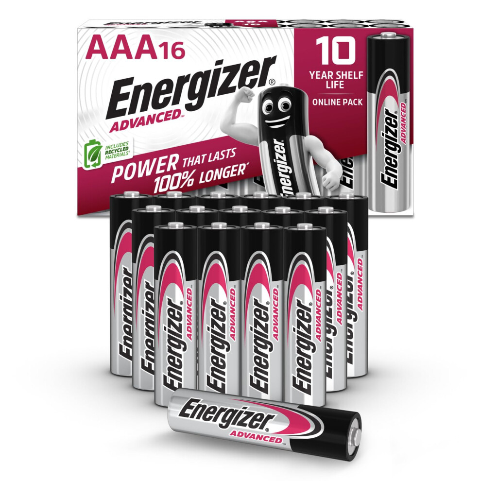 Advanced AAA Batteries, 1.5V Alkaline, 16 Triple A Batteries, Power That Lasts 100% Longer, Ideal for High-Drain Devices, 10-Year Shelf Life, 0%