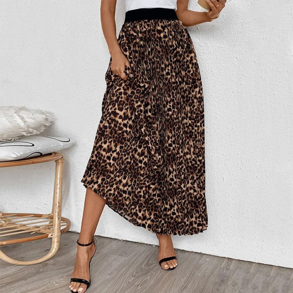 (L, coffee) Women's New Spring And Autumn Temperament Pleated Skirt Sub Fashion In The Long Section Leopard Print Half-body Skirt