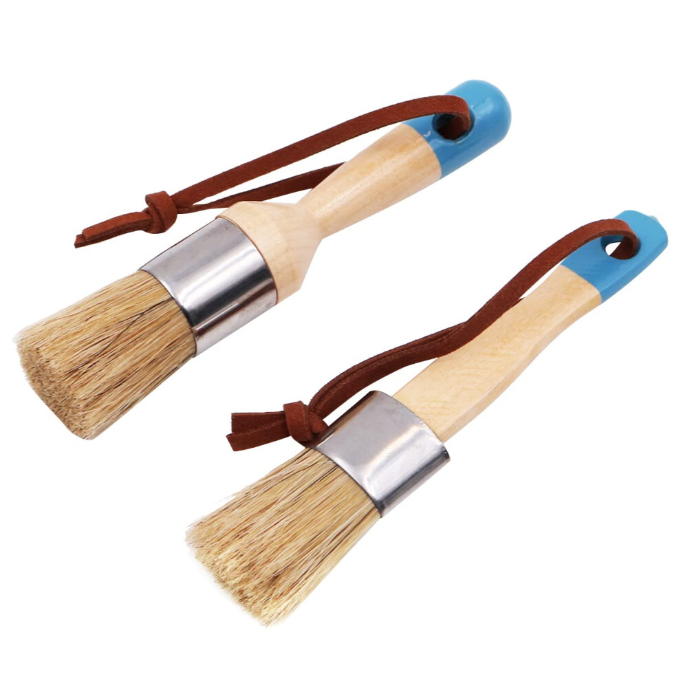 2 Pcs Chalk And Wax Paint Brush Set For Furniture, Diy Painting And Waxing Tool, Round Chalk Paint Brush, Stencils, Natural Pure Bristles 703674122404