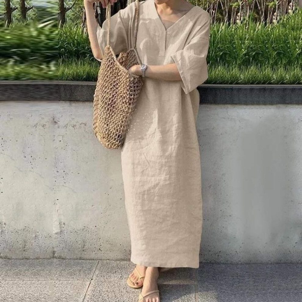 (khaki, XL) Women's Loose Short Sleeve V Neck Solid Long Dresses