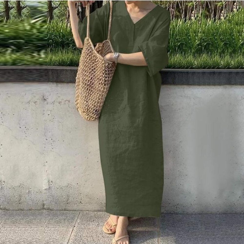 (green, 5XL) Women's Loose Short Sleeve V Neck Solid Long Dresses