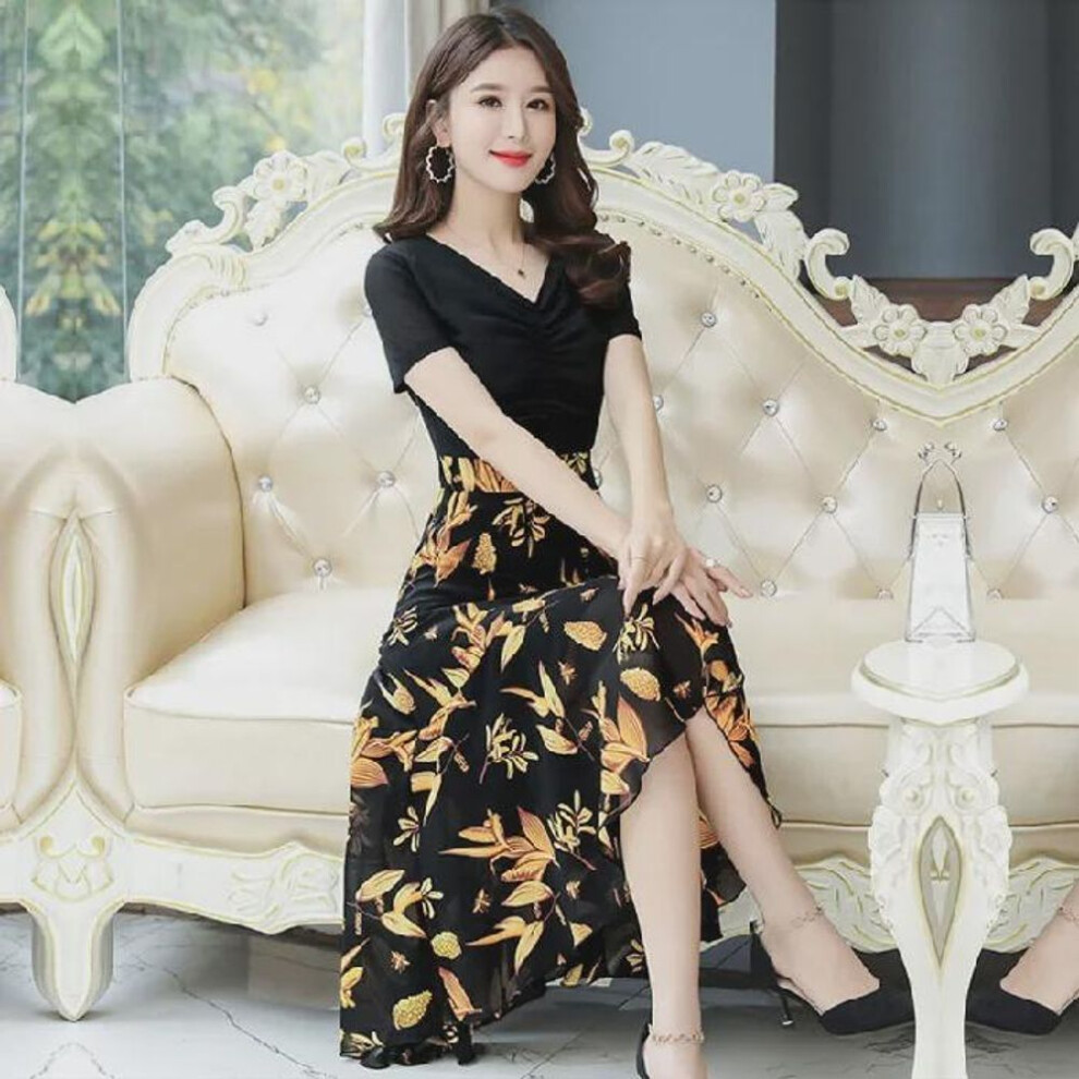 (yellow, Medium) 2021 Trendy Ice Silk Faux Two-Piece Waist-Slimming Mid-Length Dress