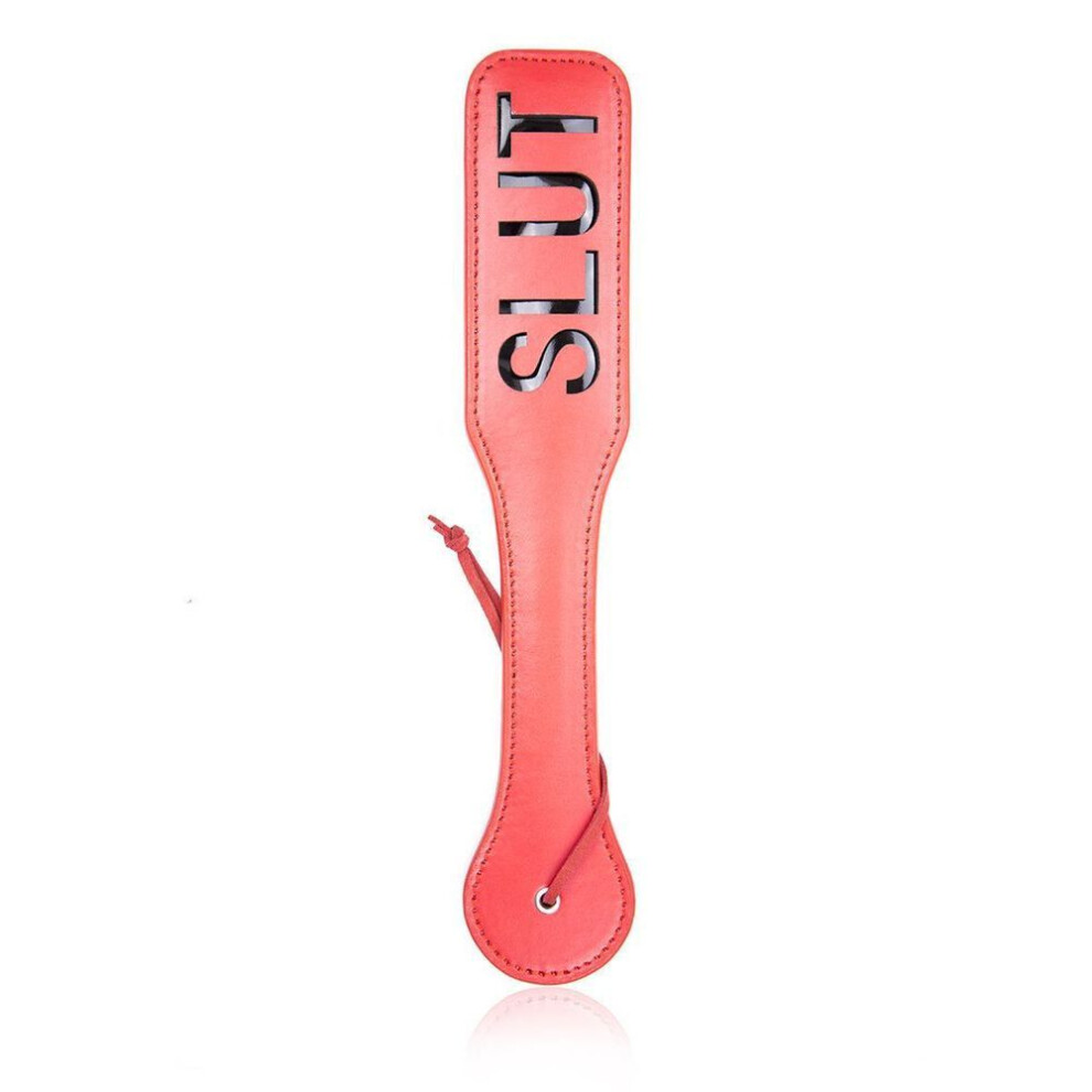 (red, Single layer SLUT) Black Leather Hand Paddle Sex Toy - SLUT Design