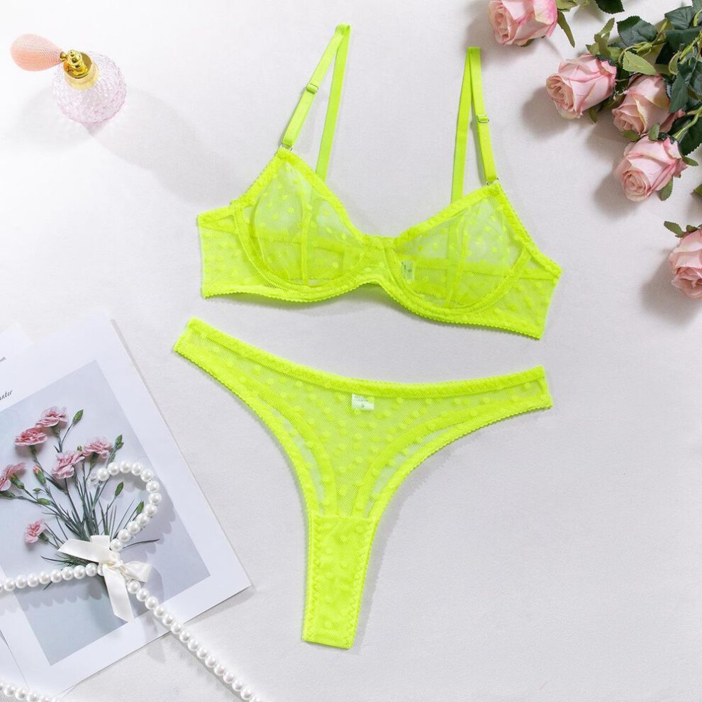 (L, fluorescent green) Seductive Polka Dot Half Cup Thong with Sheer Design
