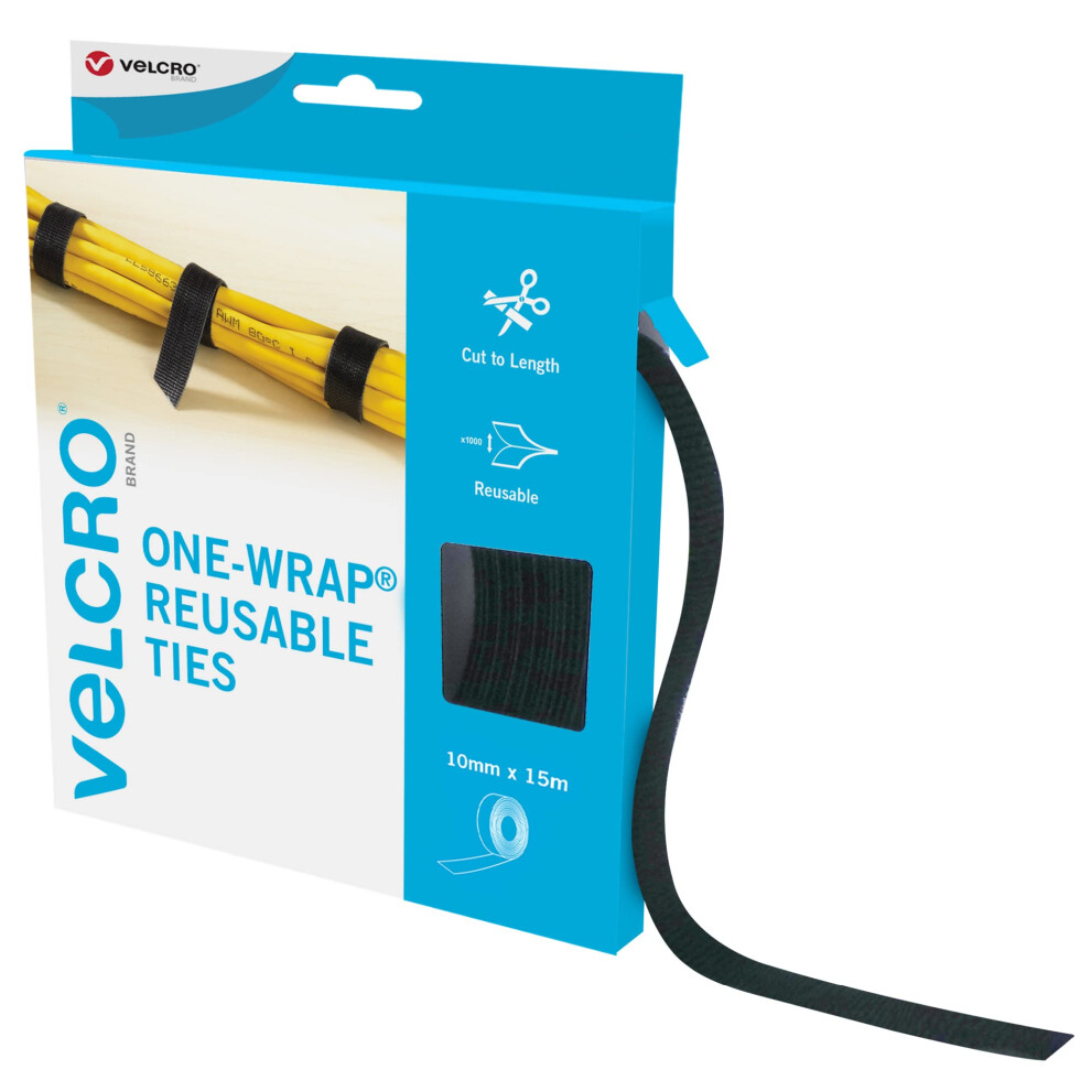 Brand | One-Wrap Reusable Ties | Multi-Purpose Ties Perfect Desk Accessories for Cable Management & Home Improvement | Black | 10mm x 15m