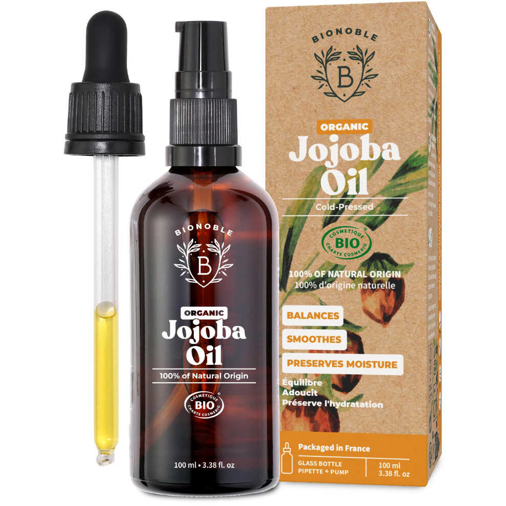 Bionoble Organic Jojoba Oil 100Ml - 100% Pure, Natural And Cold Pressed - Face, Body, Hair, Beard, Nails - Vegan And Cruelty Free - Glass Bottle + Pipette +