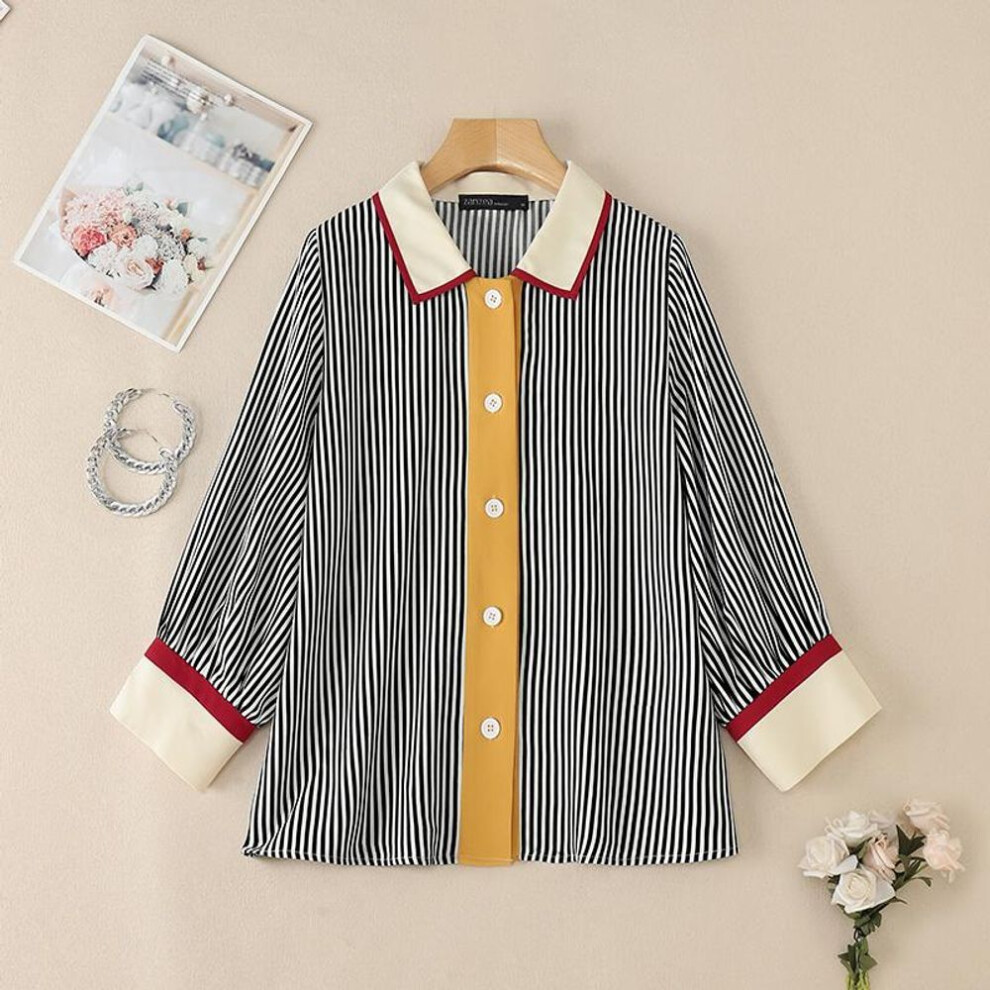 (3XL, black) Zanzea Womens Turn Down Collar 3/4 Sleeve Stripe Patchwork Casual Blouse