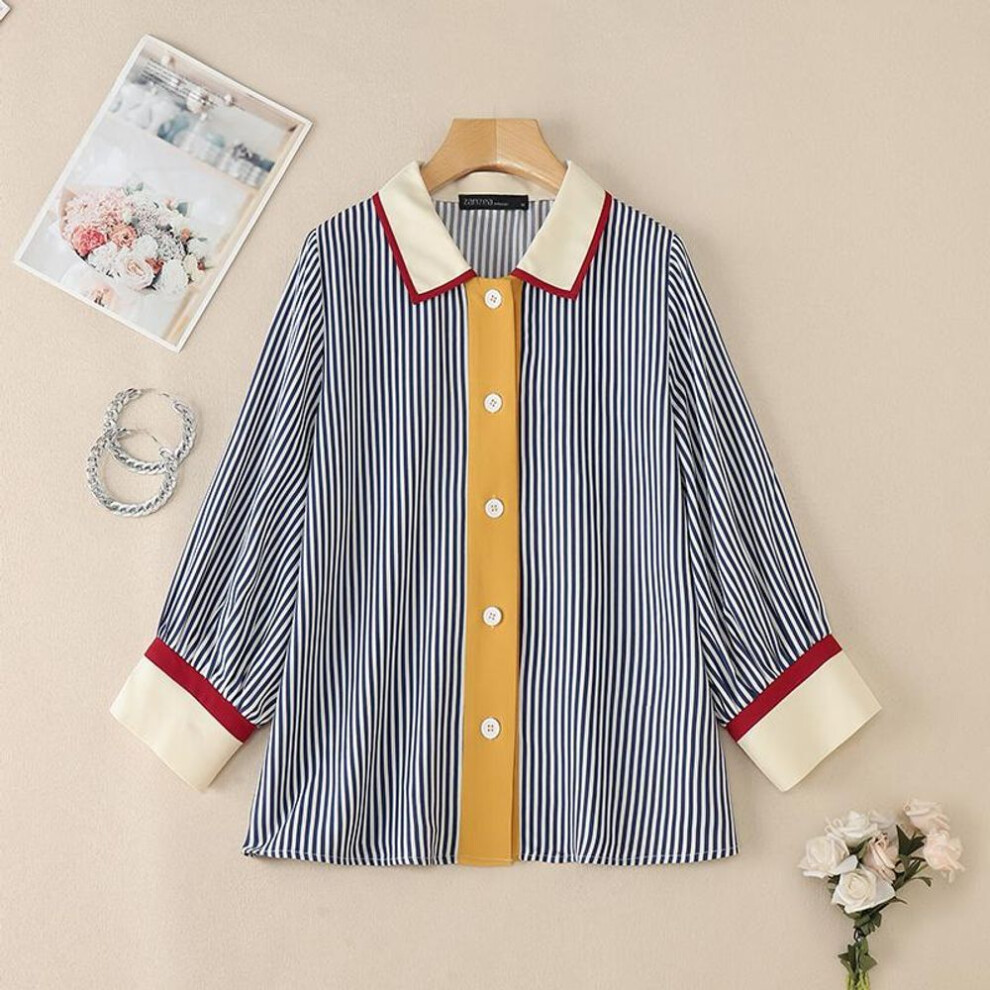 (XL, blue) ZANZEA Womens Turn Down Collar 3/4 Sleeve Stripe Patchwork Casual Blouse