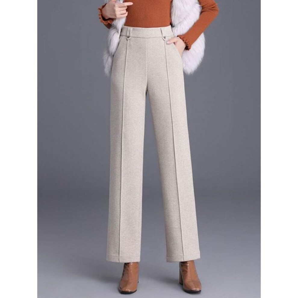(beige, L) Winter Warm Woolen Wide Leg Pants Korean Fashion High Waist Thick Wool Blend Straight Pantalones Casual Classic Solid Trousers New