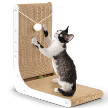 Thickened L Shape 47cm Cat Scratcher, Scratching Board with Plush & Catnip Balls, Large Size Cardboard Scratcher Wall Mounted, Toys for Protecting