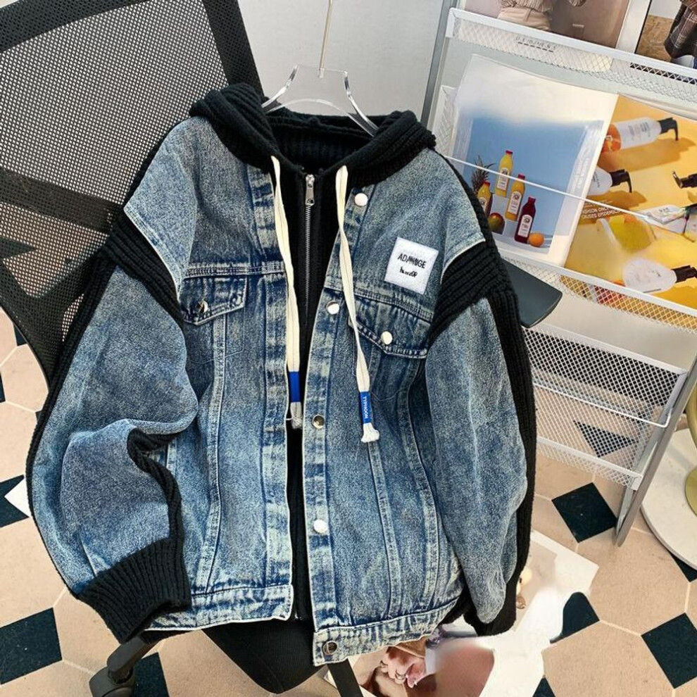 (black, XL) Japanese Vintage Y2k Jackets Hooded Knit Patchwork Fake Two Piece Zipper Oversized Denim Coat Autumn All Match Women's Clothing