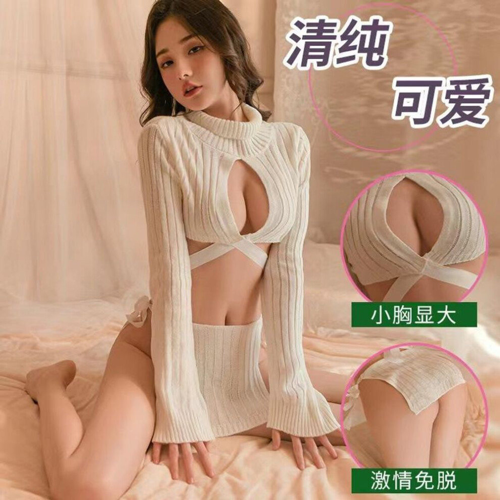 Sexy chest open strap white turtleneck sweater two-piece set erotic underwear uniform temptation two-dimensional breast wear