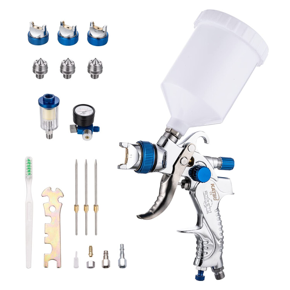 Katsu Hvlp Paint Spray Gun Gravity Feed 600Cc With 4 Copper Nozzles 1.4/1.7/2.0/2.5Mm, Air Regulator With Pressure Gauge And Air Fliter, Pneumatic Air 5056156058346