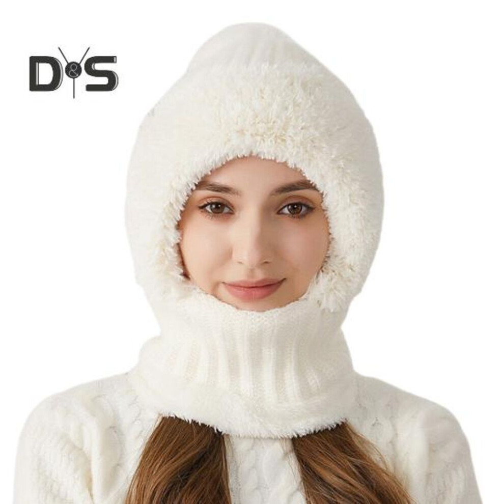 (milk white) Women Winter Hat with Integrated Scarf Thick Warm Plush Lining Knitted Windproof High Elasticity Full Protection Outdoor Travel Cold Weather Cap