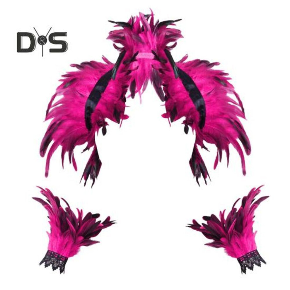 (rose red) 1 Set Fake Collar With Wrist Ring Gothic Style Feather Shawl Imitation Feather Hollow Out Lace Unisex Model Stage Show Performance Halloween Cosplay