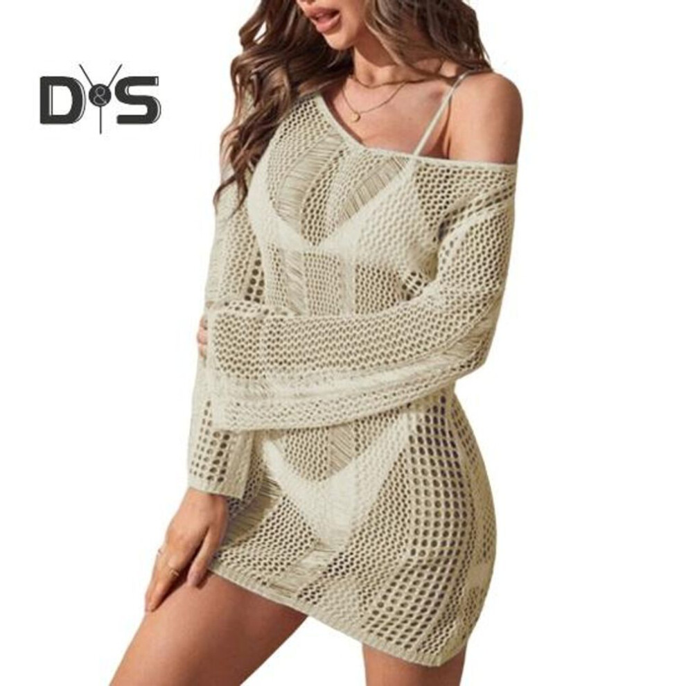 (S, green) Women Swimsuit Crochet Cover-Up Long Sleeve Sheer Knit Beach Swimwear Ladies Sexy Hollow Backless Tunic Top for Summer Vacation
