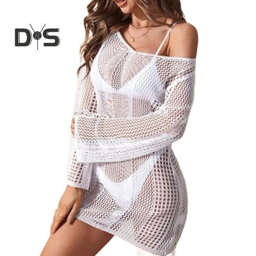 (L, white) Women Swimsuit Crochet Cover-Up Long Sleeve Sheer Knit Beach Swimwear Ladies Sexy Hollow Backless Tunic Top for Summer Vacation