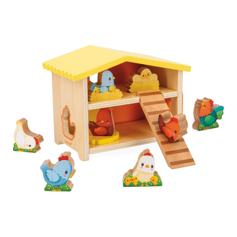 Janod - My First Chicken Coop - Children's Pretend Play Toy - 1 Chicken Coop + 9 Hens + 1 Ladder - Fsc Wood Game - Develops Dexterity And Imagination - 18