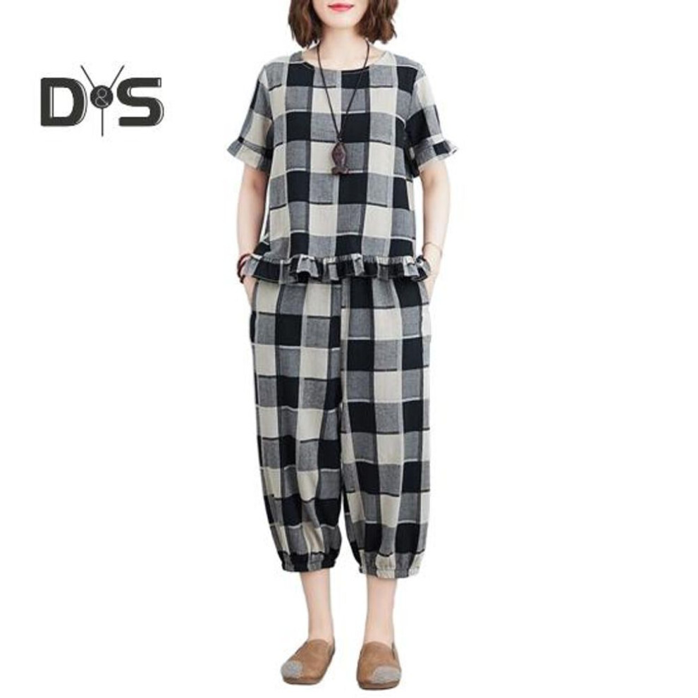 (black, L) Women's 2 Piece Lounge Set Casual Plaid Plus Size Short Sleeve Top And Tracksuit Pants Set Summer Loose Outfit