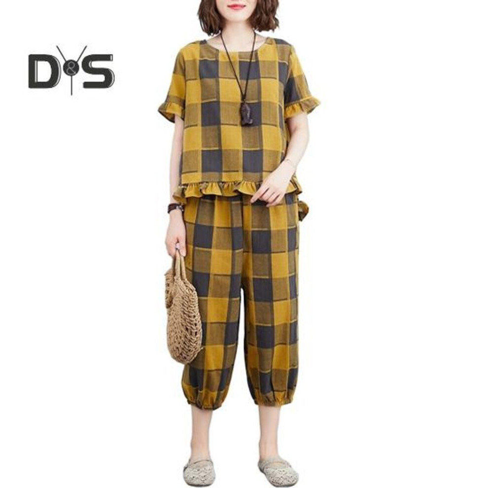(yellow, L) Women's 2 Piece Lounge Set Casual Plaid Plus Size Short Sleeve Top And Tracksuit Pants Set Summer Loose Outfit