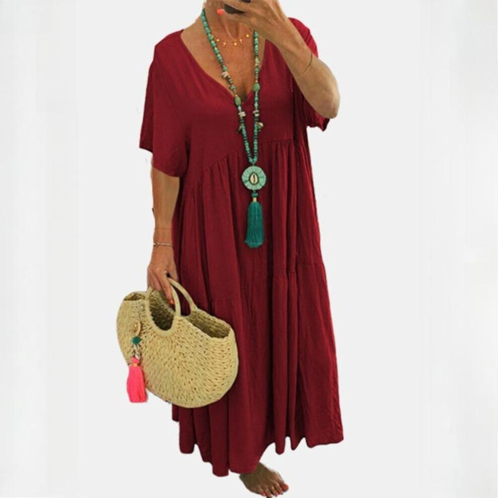 (burgundy, XXXXXL) QICED Spring and Summer V-neck Irregular Long Big Swing Dresses