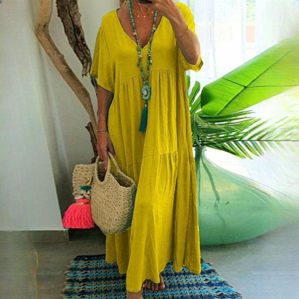 (yellow, XXXXL) Qiced Spring And Summer V-neck Irregular Long Big Swing Dresses