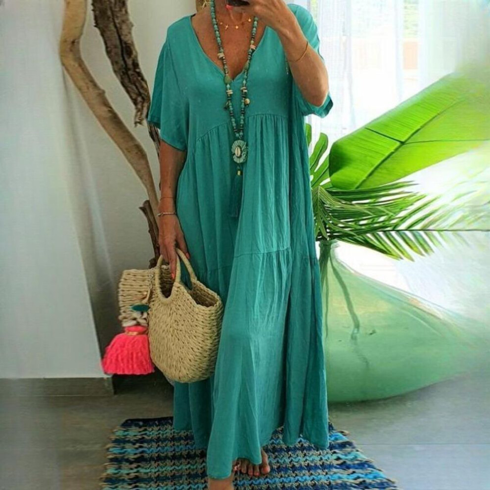 (green, XXXXXL) Qiced Spring And Summer V-neck Irregular Long Big Swing Dresses