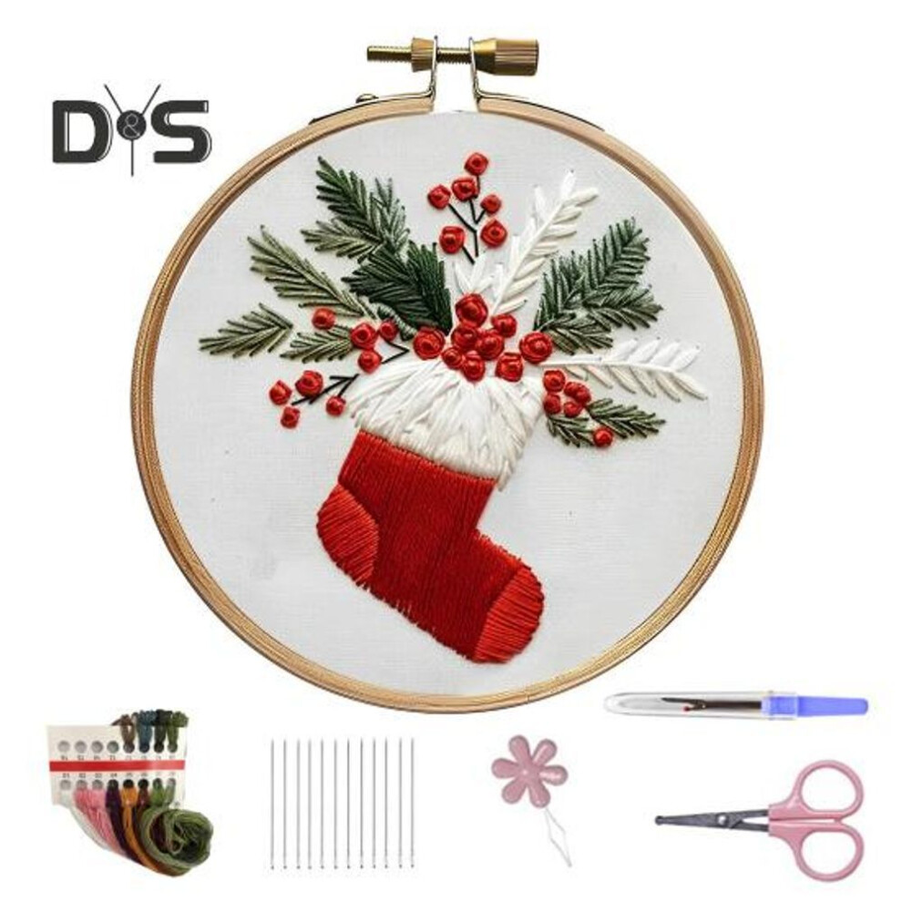 (as the picture, G) Christmas Embroidery Kit for Beginners And Adults Gnome Xmas Tree House Cross Stitch Kit with Embroidery Hoop Needles And Thread