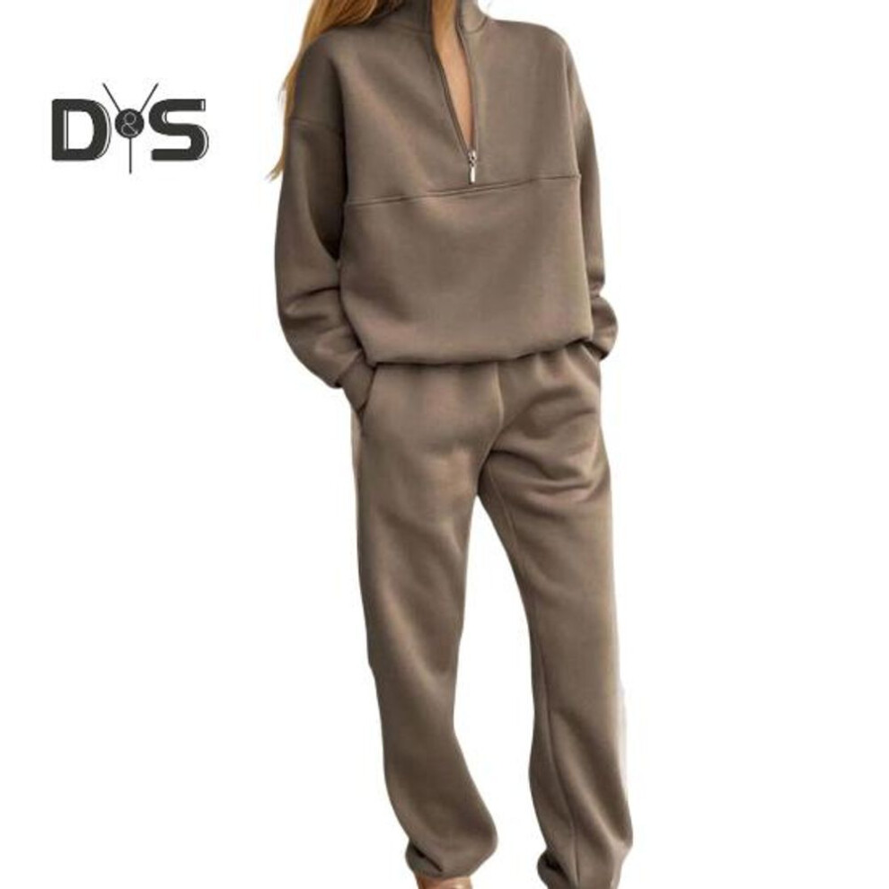 (camel, L) 2 Pcs/set Women Top Pants Set Half Zipper High Collar Long Sleeve Thickened Sweatshirt Stretchy Waist Ankle-banded Trousers Sport Fitness Tracksuit