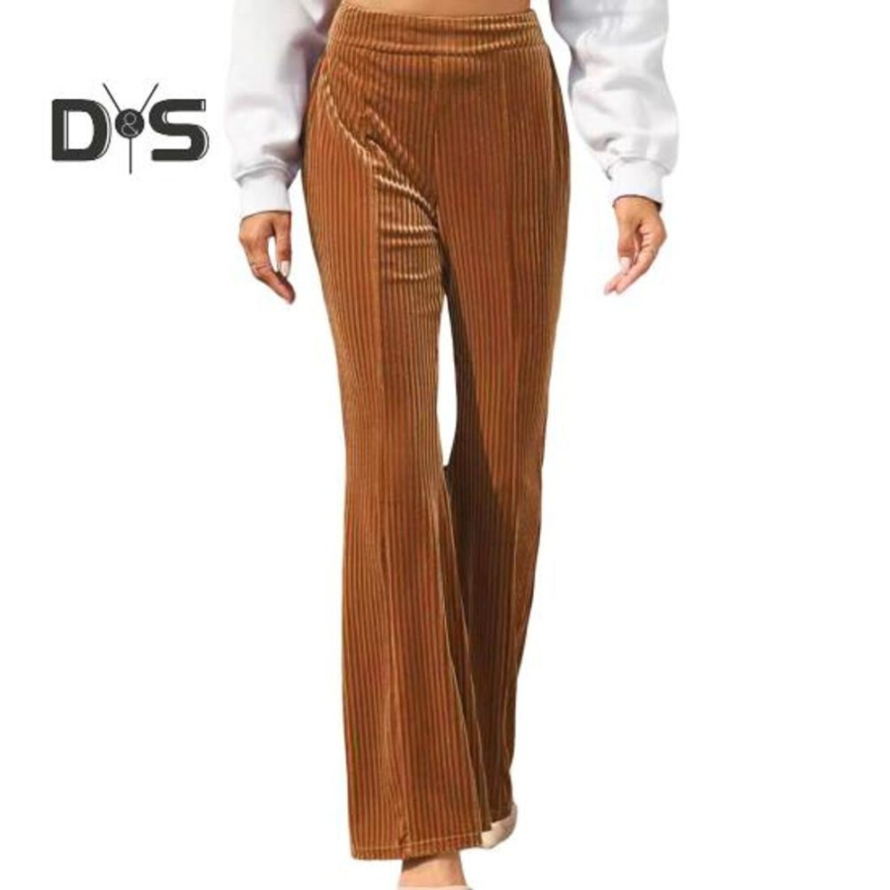 (brown, L) Women Corduroy Pants Elastic High Waist Flared Leg Long Trousers Solid Color Autumn Winter Casual Pants Daily Wear
