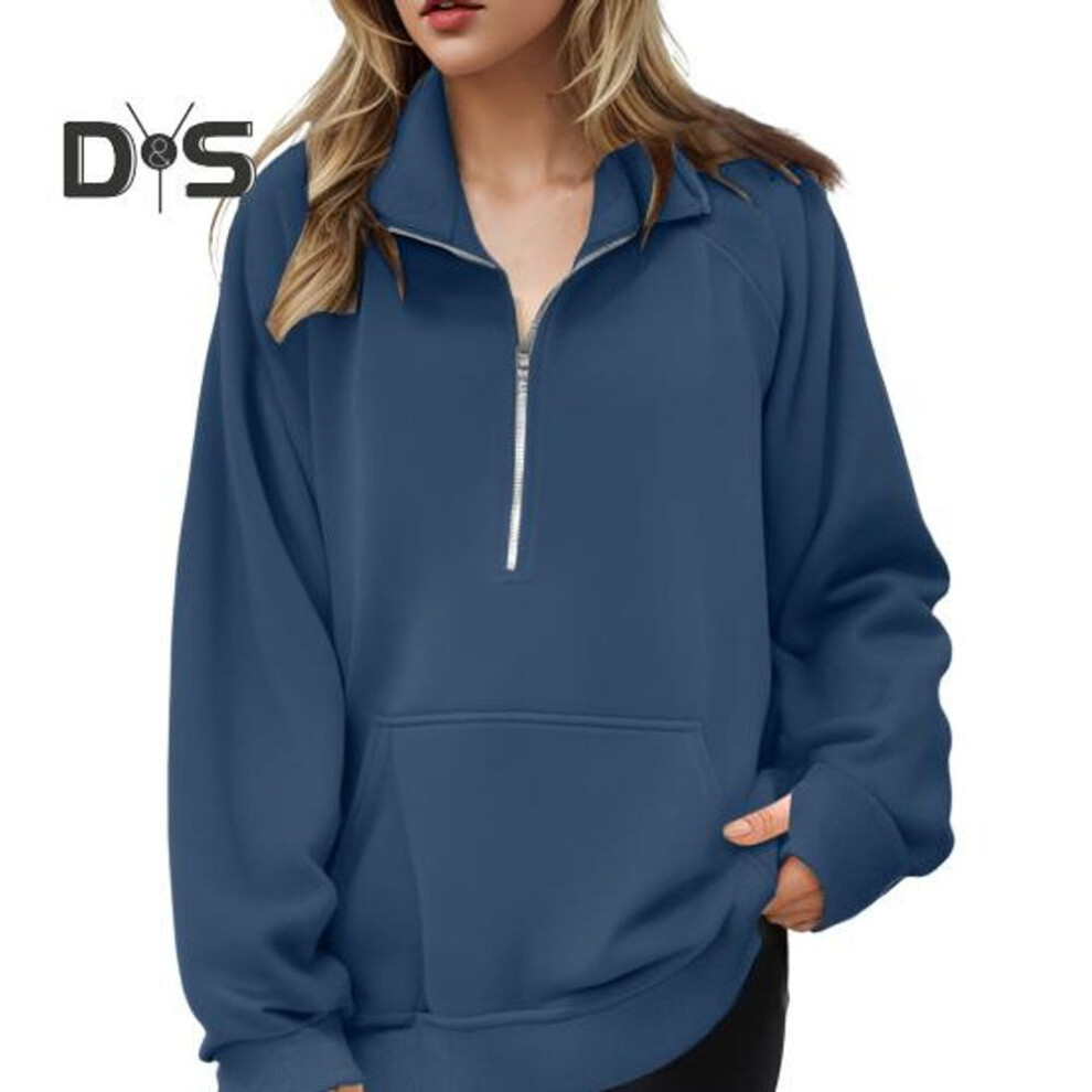 (M, blue) Women Fall Winter Sweatshirt Lapel Zipper Half Placket Long Sleeve Front Pocket Pullover Tops Solid Color Loose Fit Sport Sweatshirt
