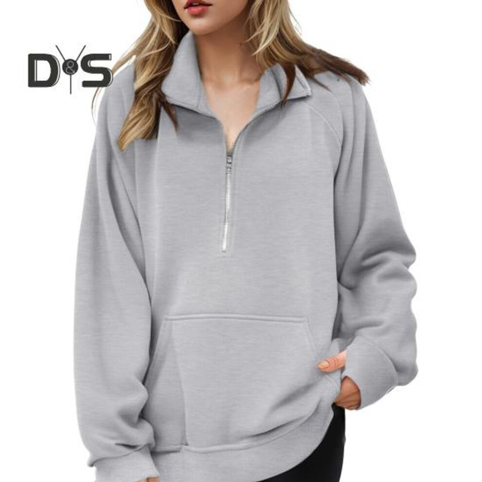 (XL, light grey) Women Fall Winter Sweatshirt Lapel Zipper Half Placket Long Sleeve Front Pocket Pullover Tops Solid Color Loose Fit Sport Sweatshirt