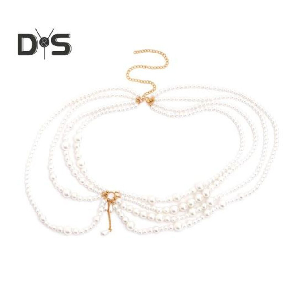 Waist Chain Multi-layered Faux Pearl Adjustable Beaded Tassel Hollow Out Nightclub Party Performance Necklace Body Jewelry