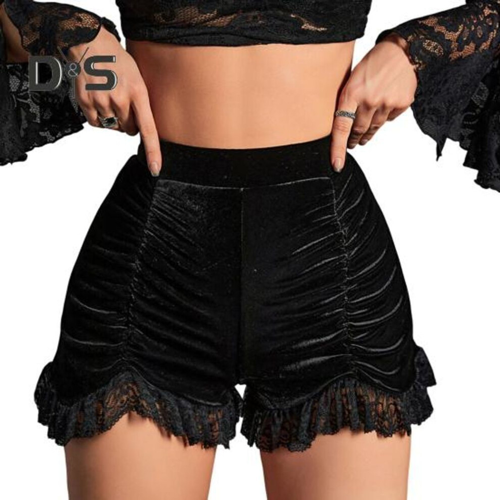 (black, M) Women Shorts Lace Patchwork Solid Color High Elastic Waist Slim Fit Dark Style Pleated Irregular Hem Super Short Pants Club Party Trousers