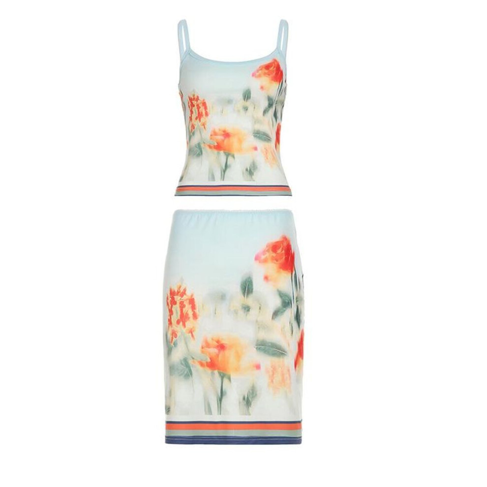 (orange, S) Women's Holiday Ink Flower Print Slim Fit Halter Spice Sexy Color Contrast Low Waist Skirt Set
