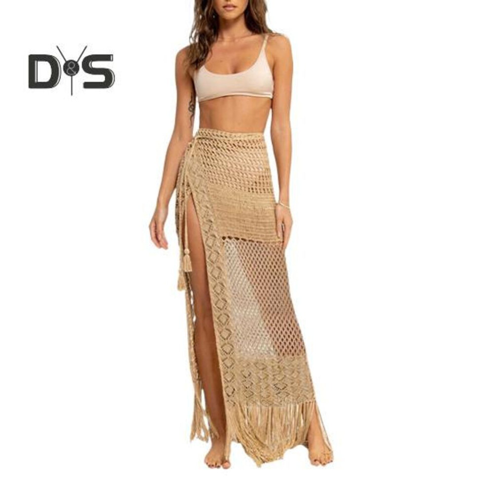 Women Beach Skirt High Waist Knitted Long Tassel Hollow Out See through Floor Length Split Solid Color Bohemian Lady Bikini Cover up Skirt