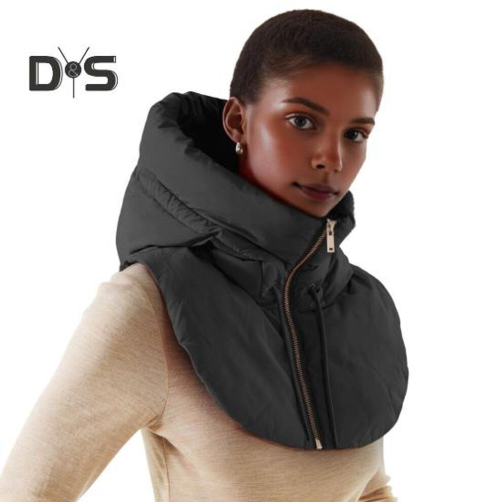 (black, S) Winter Ultralight Down Hooded Hat Coat Neck Collar Zipper Closure Drawstring Men Warm Ring Scarf Balaclava Hat Coat Scarf Short Tank Top