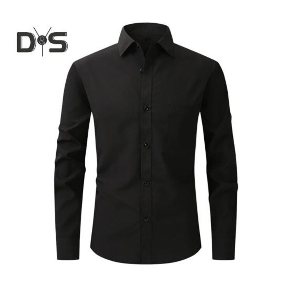(XXL, black) Men Spring Fall Dress Shirt Turn-down Collar Slim Fit Stretchy Single-breasted Long Sleeves Pure Color Mid Length Formal Business Event Office Top