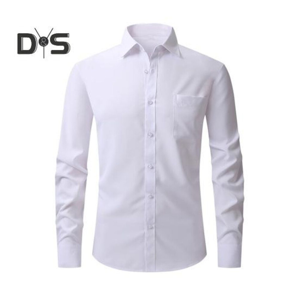 (XL, white) Men Spring Fall Dress Shirt Turn-down Collar Slim Fit Stretchy Single-breasted Long Sleeves Pure Color Mid Length Formal Business Event Office Top