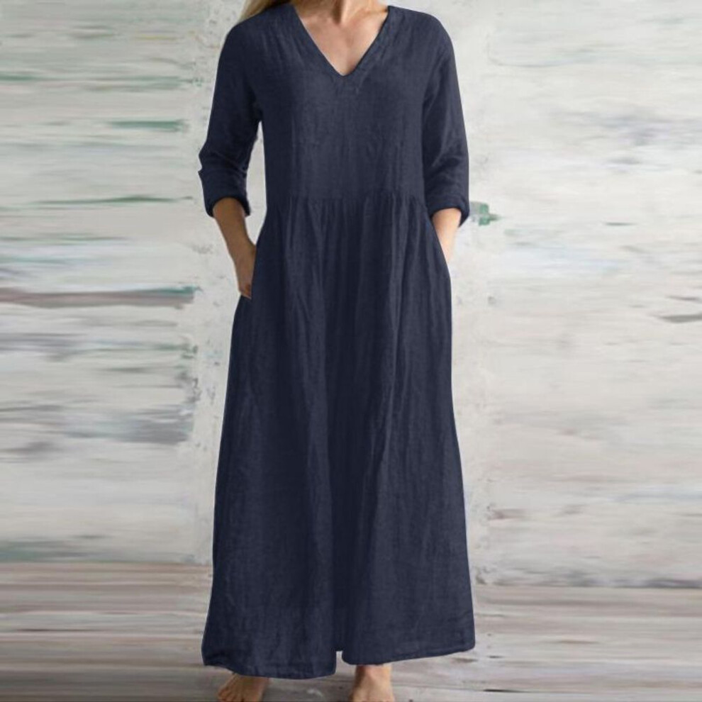 (navy, 3XL) Women's Pocket V Neck Quarter Sleeve Pleated Long Dresses