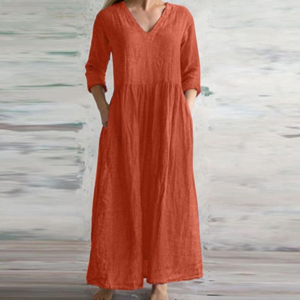 (orange,red, XXL) Women's Pocket V Neck Quarter Sleeve Pleated Long Dresses