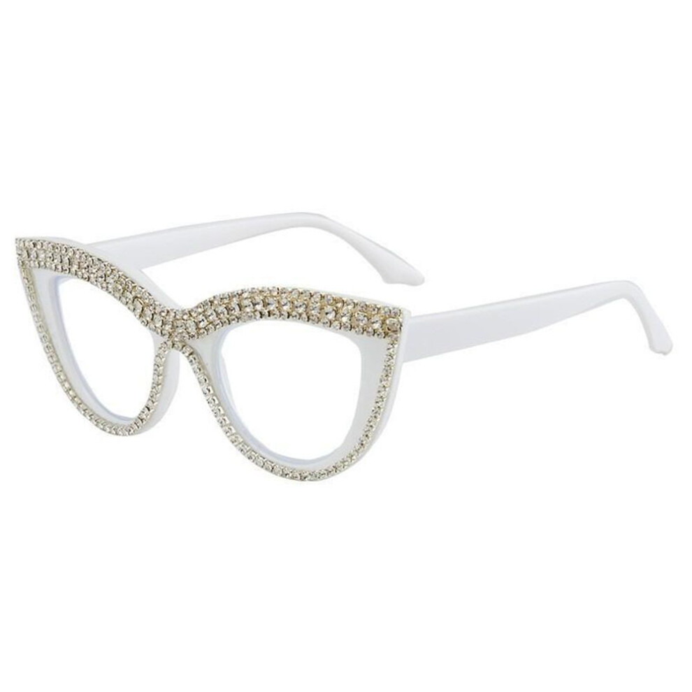(white, +1.0) Elegant Cat Eye Reading Glasses with Rhinestone Embellishments - Suitable for Presbyopia