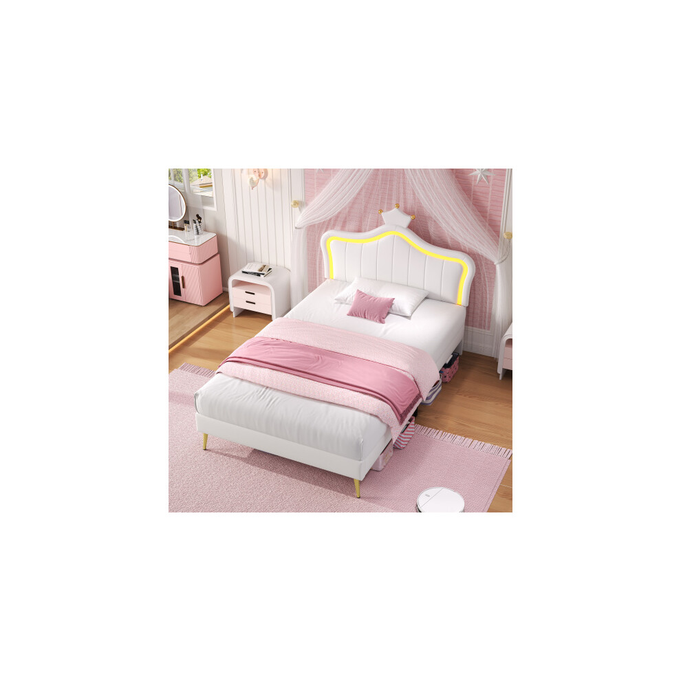 3ft Single Upholstered Bed with LED Adjustable Crown Shape Headboard, PU Leather Bed Frame with Solid Wood Slat, Cream White (No Mattress)
