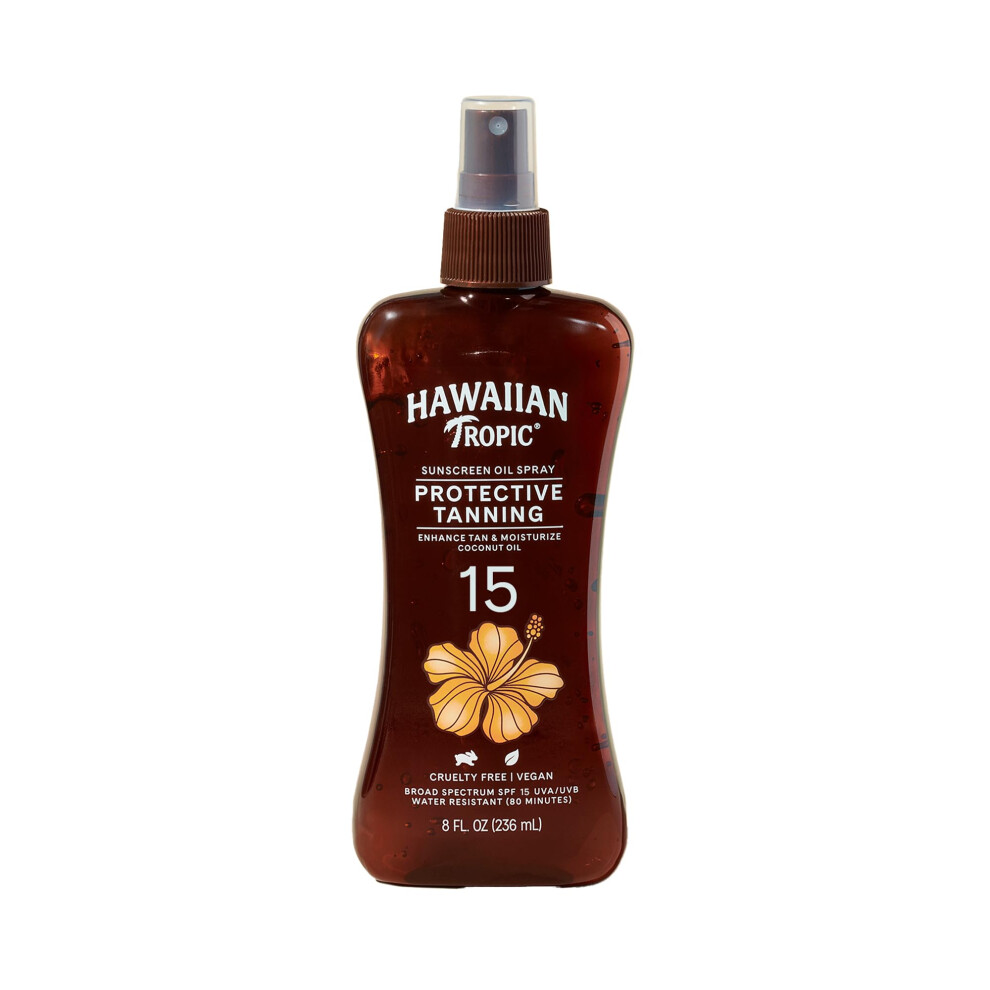 Hawaiian Tropic Protective Tanning Oil Spray Sunscreen SPF 15  8oz | Tanning Sunscreen  Tanning Oil with SPF  Moisturizing Body Oil  Hawaiian Tropic O
