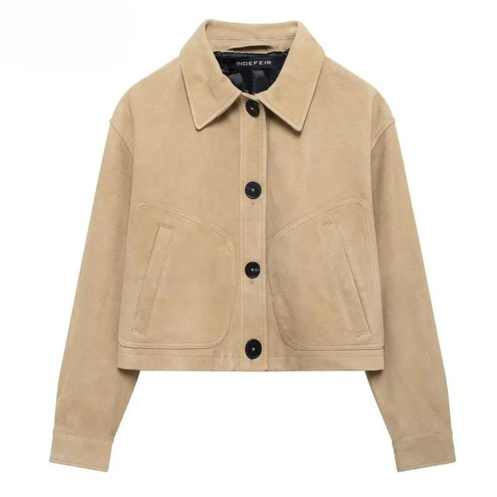 (khaki, M) Outerwears Cropped Suede Jacket Women Autumn Button Short Solid Coats Casual Long Sleeve Demi-season Jacket